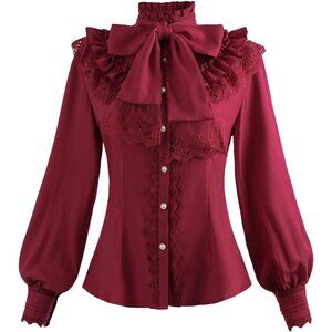 Women Red Gothic Blouse Shirt Vintage Long Sleeve Lotus Ruffle Tops